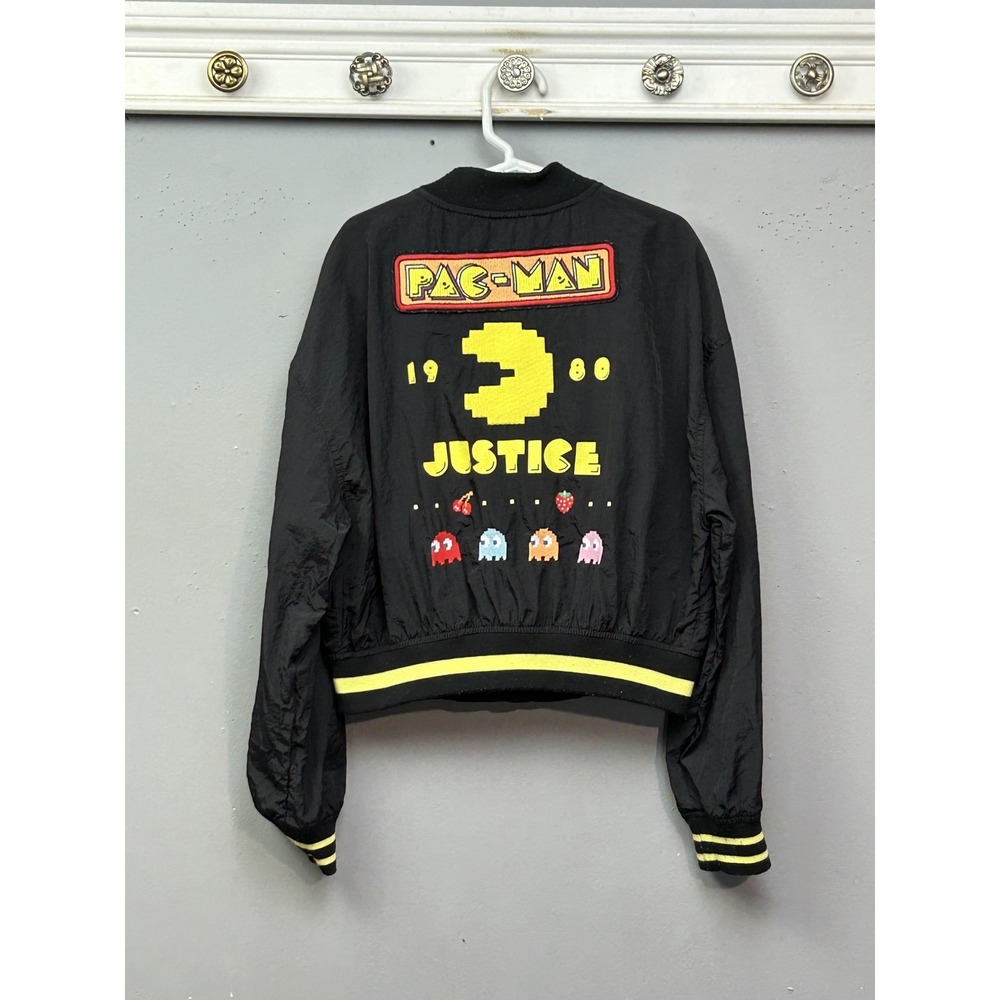 Justice Pac-Man Bomber Jacket Girls Small 7/8 Black Full Zip Retro Game Arcade